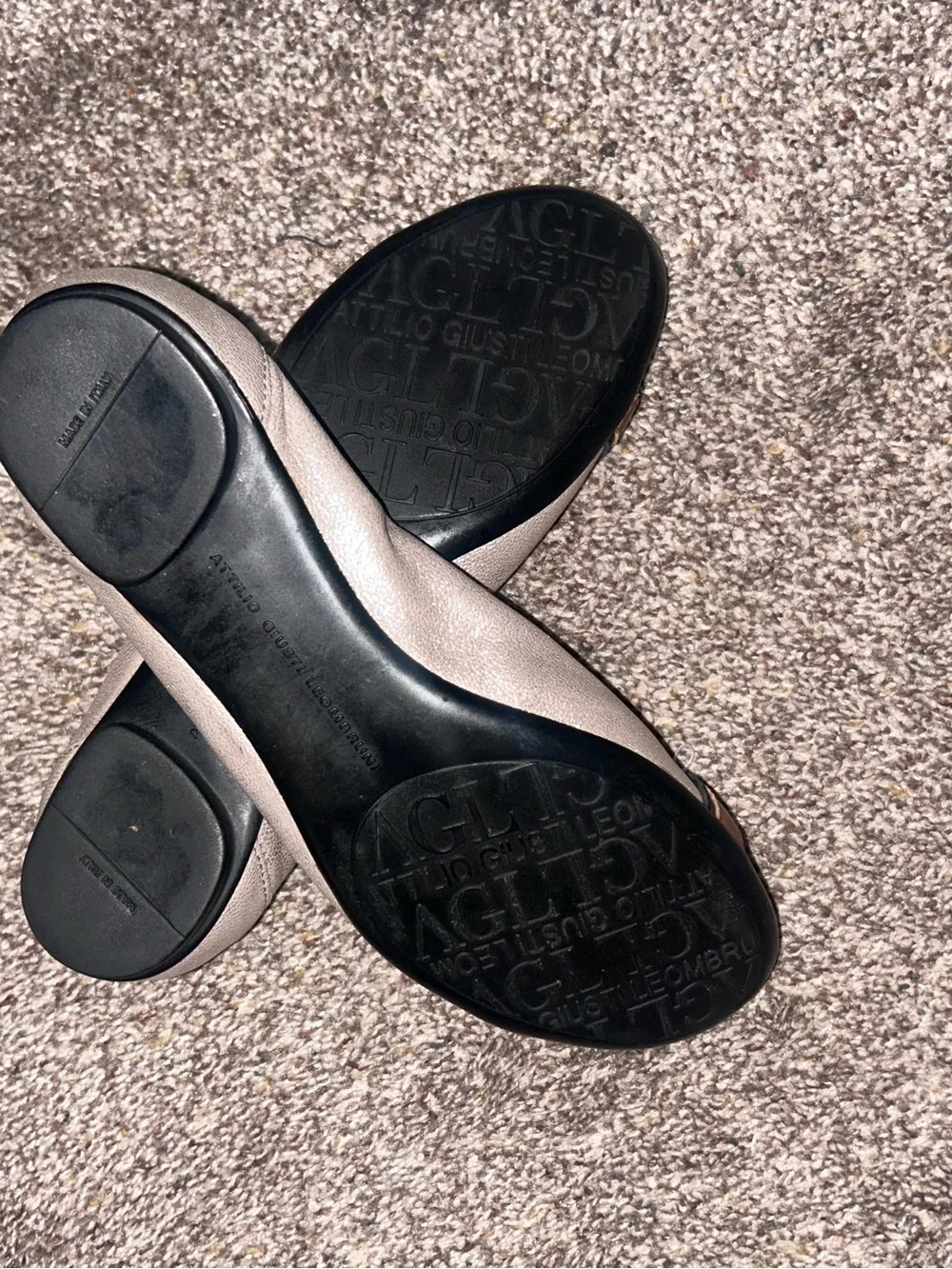 AGL Taupe Leather Flats with Black Patent Cap Toe and Brown Strap Buckle